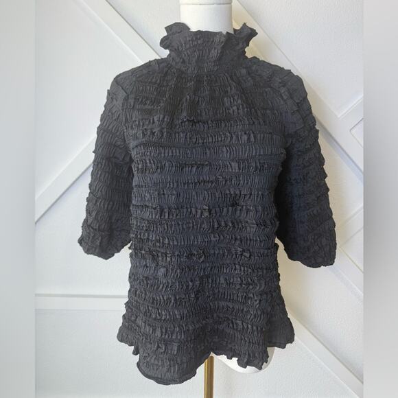 Cynthia Rowley Ruffle Neck 3/4 Sleeve All Over Smocked Blouse Black Size XS - Picture 1 of 10